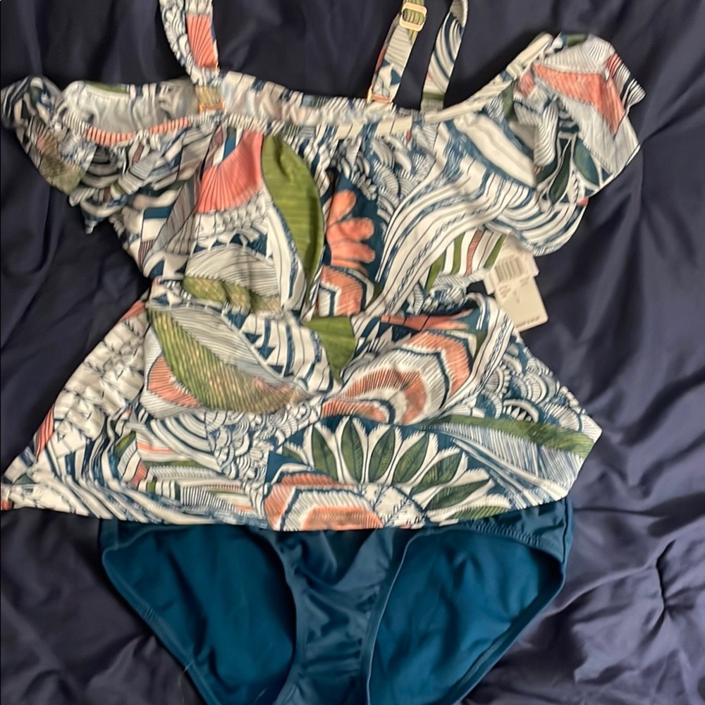 Colorful Patterned Tankini Top and Blue Bottoms